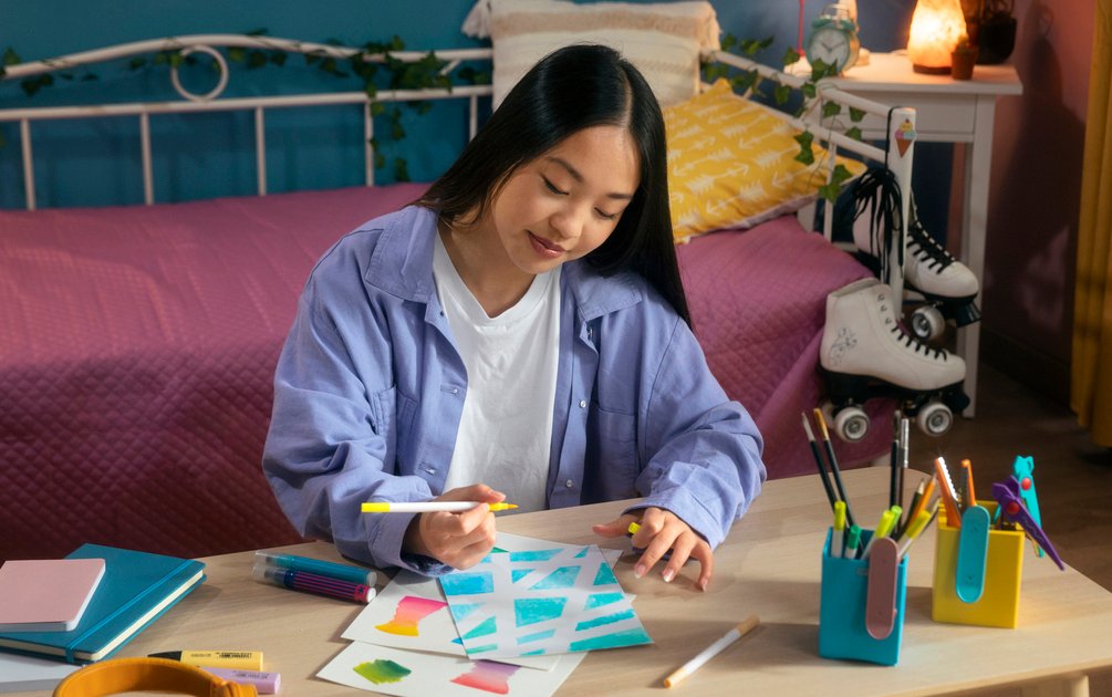 Seorang perempuan muda menggambar sketsa desain interior dengan palet warna cat rumah yang sejuk di atas meja belajar di kamarnya