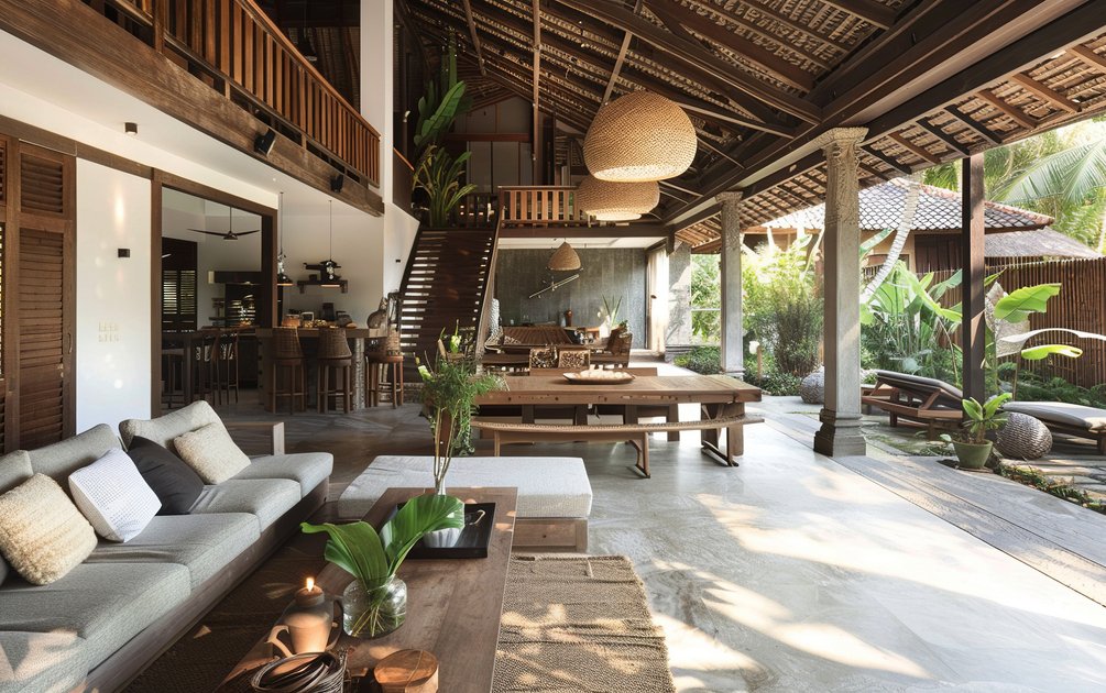 Interior rumah modern tropis dengan material kayu, lantai batu alam, dan bukaan lebar sebagai contoh tips memilih material bangunan yang tepat