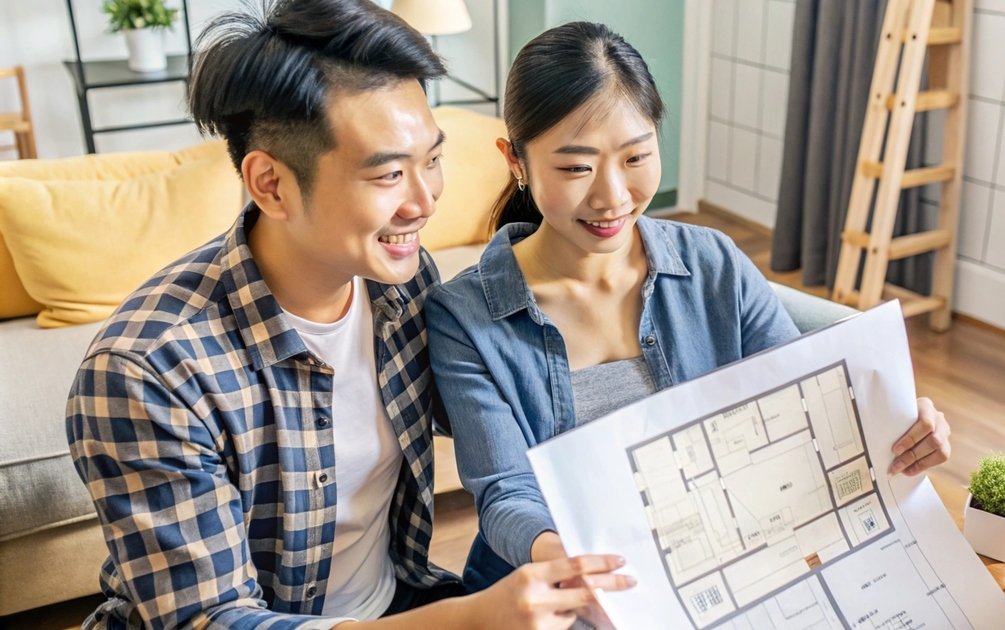 Pasangan suami istri muda memegang desain layout rumah open space dan open plan untuk merencanakan hunian bersama