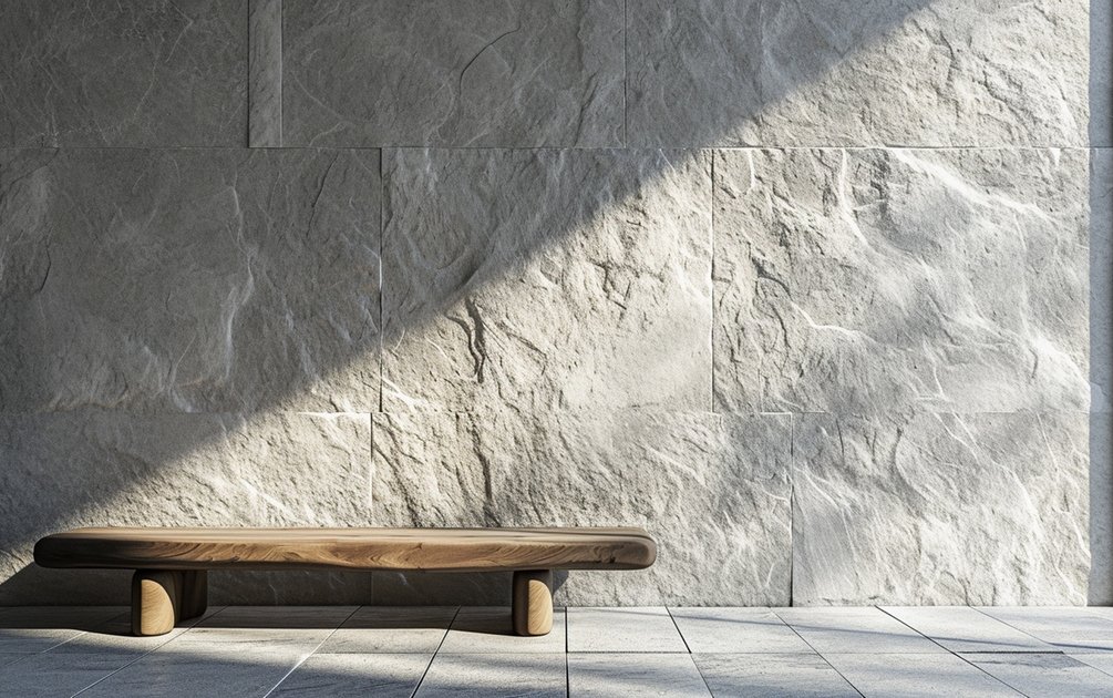 keramik dinding motif batu alam abu-abu dengan tekstur split face dan bangku kayu natural di ruang kontemporer