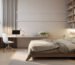 Desain minimalis dengan warna cat kamar tidur yang netral hangat, meja belajar, dan rak buku built-in