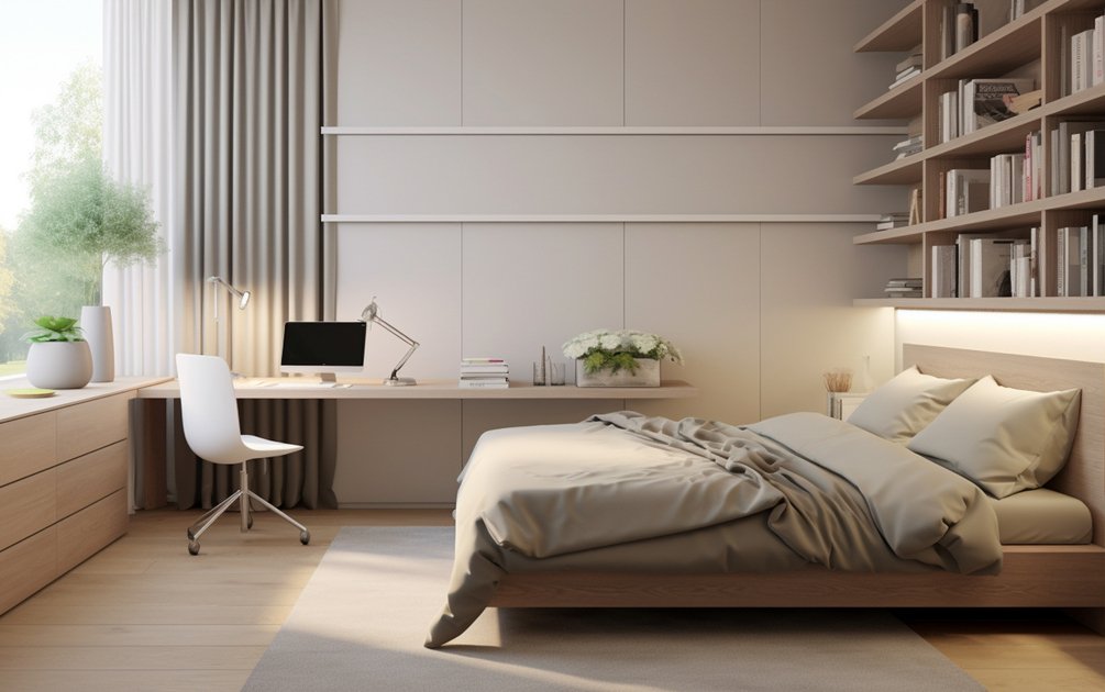 Desain minimalis dengan warna cat kamar tidur yang netral hangat, meja belajar, dan rak buku built-in