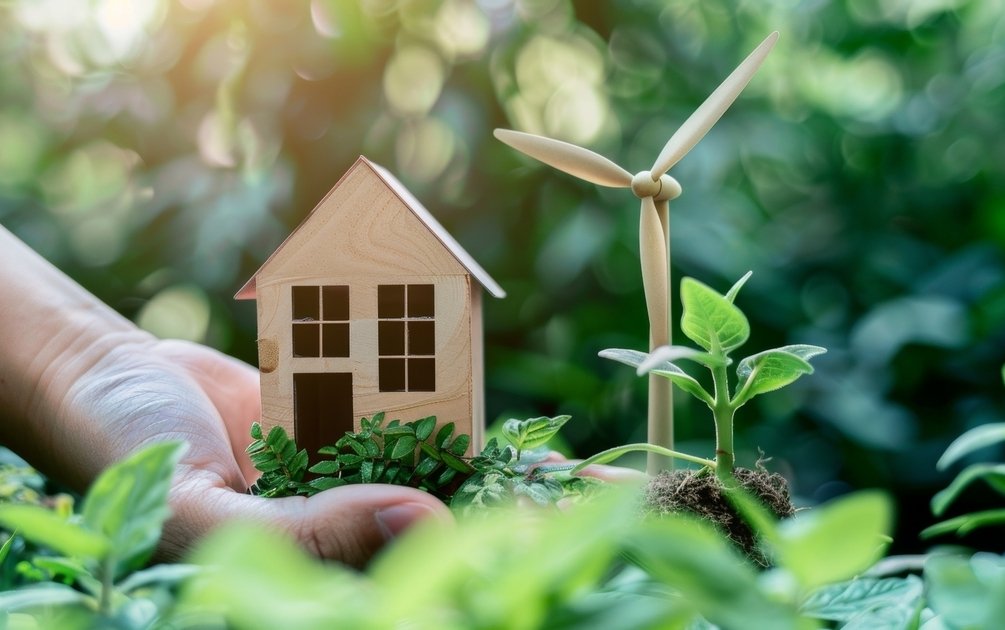 Konsep rumah ramah lingkungan dengan miniatur rumah kayu, turbin angin, dan tanaman hijau yang melambangkan hunian hemat energi dan berkelanjutan