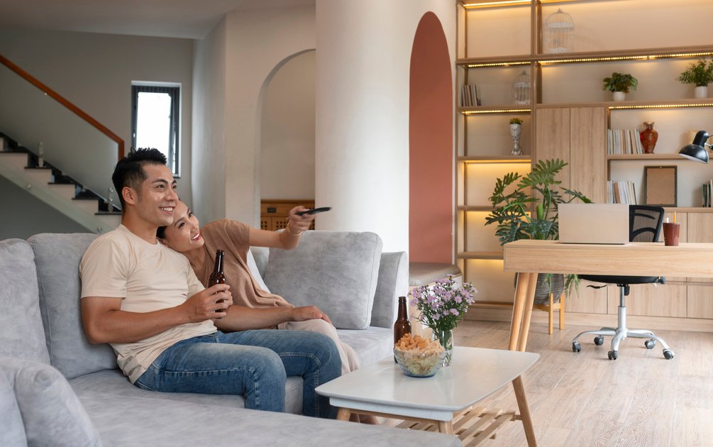 Pasangan menikmati waktu santai di ruang tamu yang rapi sebagai hasil tips merawat rumah secara konsisten dan teratur