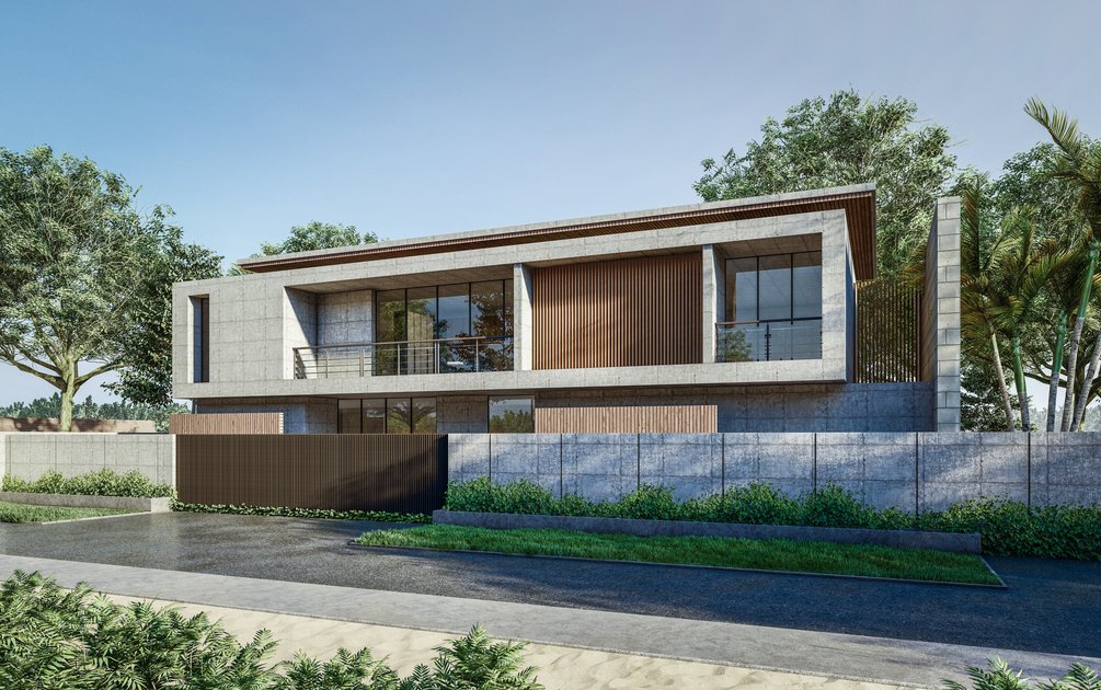 Desain rumah minimalis modern dua lantai dengan kombinasi beton ekspos, kayu hangat, dan palet warna natural yang harmonis