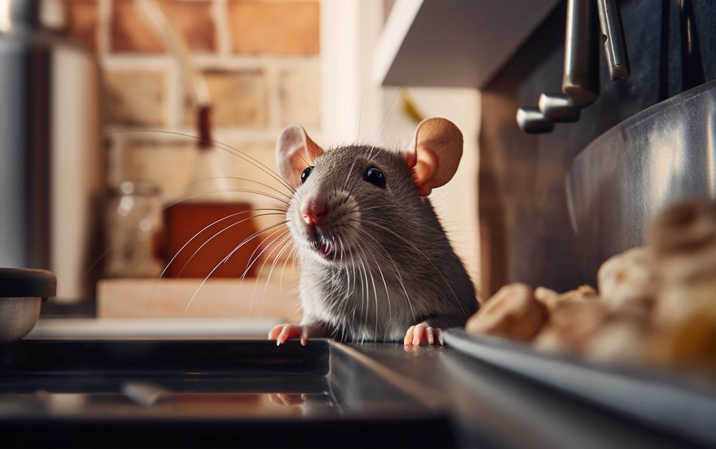 Tikus mengintip dari atas meja dapur menggambarkan pentingnya cara ampuh mengusir tikus dari rumah terutama di area servis