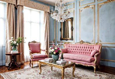 Ruang tamu bergaya klasik dengan furniture ukir dan chandelier kristal