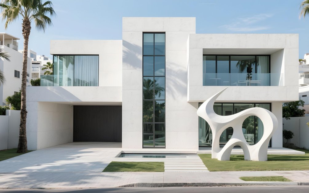 Fasad desain rumah minimalis modern dua lantai berwarna putih dengan garis tegas, jendela besar, dan elemen patung sebagai aksen taman depan