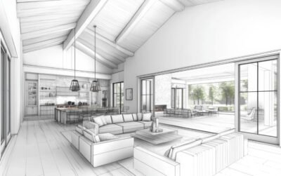 Sketsa arsitektur ruang tamu open plan dengan plafon tinggi yang menggambarkan analisis ukuran ruang tamu ideal