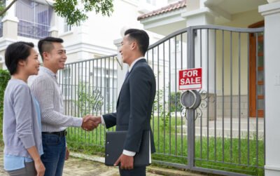 Pasangan muda sedang berdiskusi dengan agen properti di depan rumah dengan tanda For Sale, ilustrasi cara memilih jasa arsitek rumah sebagai bagian investasi properti