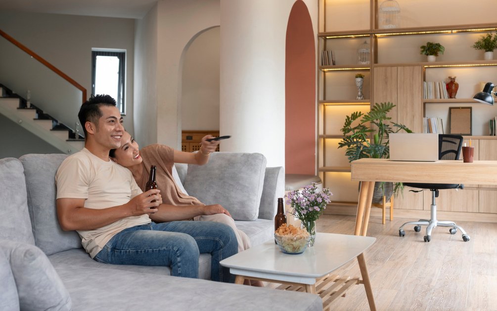 Pasangan duduk santai di sofa ruang tamu dengan ukuran ruang tamu yang nyaman dan fungsional