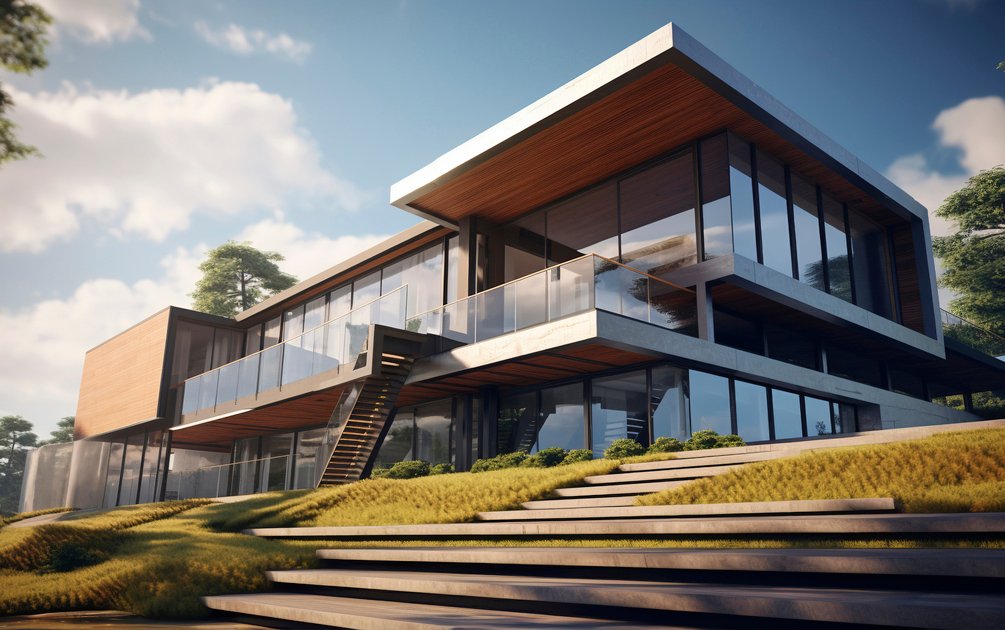 Desain rumah modern kontemporer dua lantai dengan bukaan kaca besar, kombinasi material beton dan kayu, serta integrasi area outdoor yang khas hunian masa kini