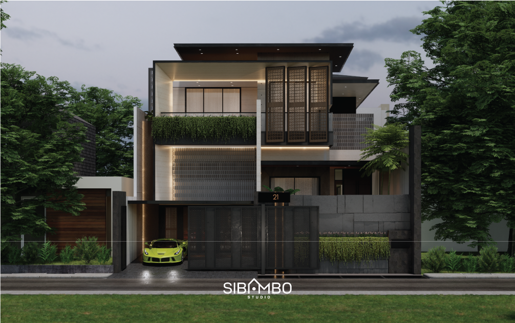Fasad desain rumah mewah modern kontemporer tiga lantai dengan vertical garden, perforated screen, dan supercar di carport