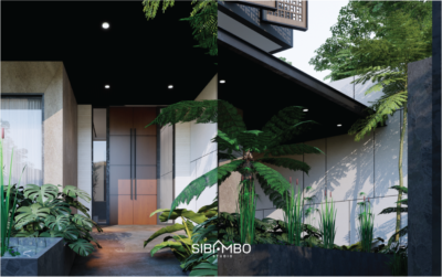 Inner courtyard tropis dengan tanaman fern besar pada desain rumah mewah modern kontemporer