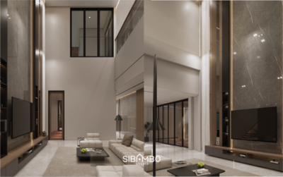 Interior ruang tamu double-height pada desain rumah mewah modern kontemporer dengan dinding marble dan TV built-in