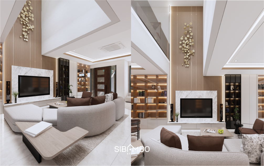 Ruang TV Bayt Qanita dengan void tinggi dan rak buku built-in pada rumah modern minimalis Jakarta Selatan