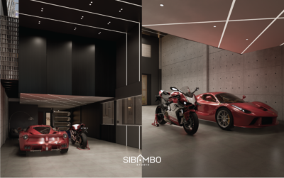 Garage display dengan supercar dan motor sport pada desain rumah mewah modern kontemporer