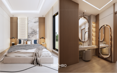 Kamar tidur utama Bayt Qanita dengan headboard marmer dan area vanity pada rumah modern minimalis Jakarta Selatan