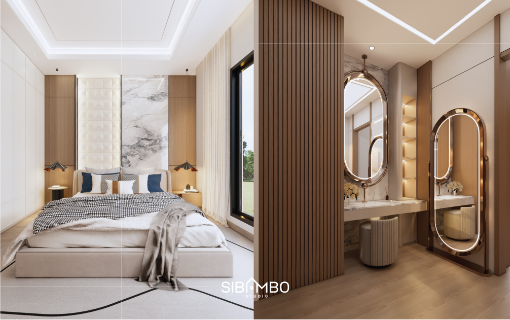 Kamar tidur utama Bayt Qanita dengan headboard marmer dan area vanity pada rumah modern minimalis Jakarta Selatan