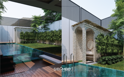 Area kolam renang dengan outdoor shower batu alam pada desain rumah mewah modern kontemporer