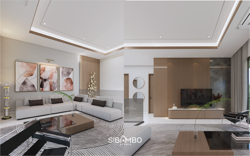 Ruang keluarga Bayt Qanita dengan dinding kayu dan cat putih pada rumah modern minimalis Jakarta Selatan