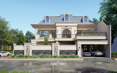 Tampak depan Cura House dengan atap mansard, warna beige, dan carport pada rumah modern klasik Blitar