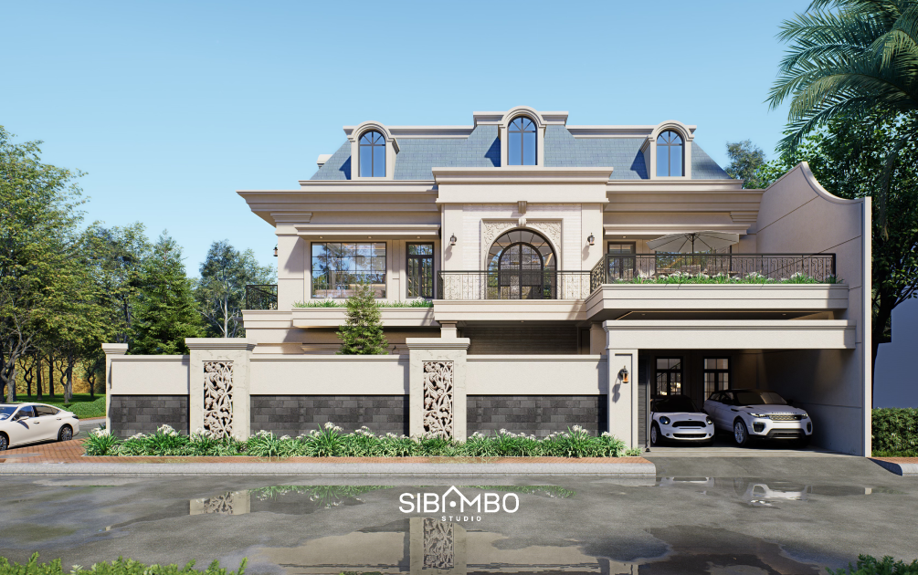 Tampak depan Cura House dengan atap mansard, warna beige, dan carport pada rumah modern klasik Blitar