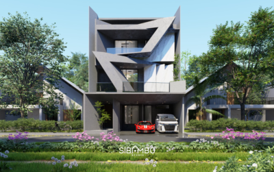 Tampak depan Lucentra House dengan fasad geometris abu-abu putih pada rumah modern futuristik Tangerang