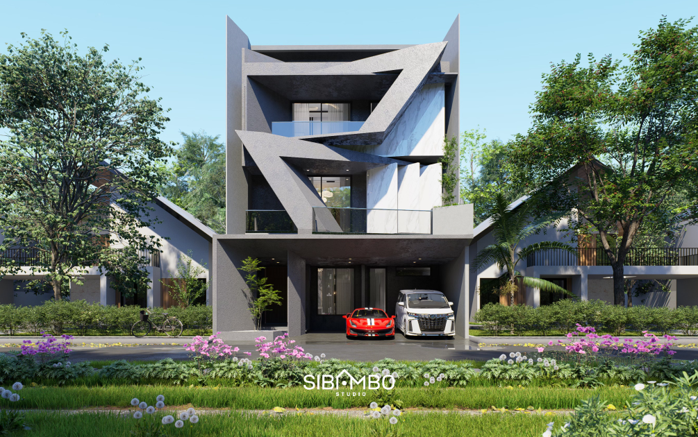 Tampak depan Lucentra House dengan fasad geometris abu-abu putih pada rumah modern futuristik Tangerang