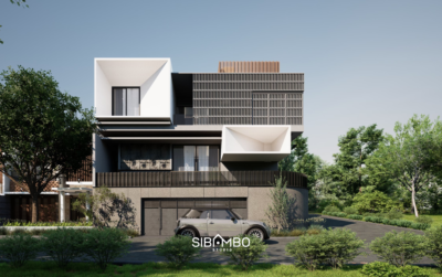 Tampak depan The Tranquil House dengan massa boxy dan sun shading vertikal pada rumah modern Bandung