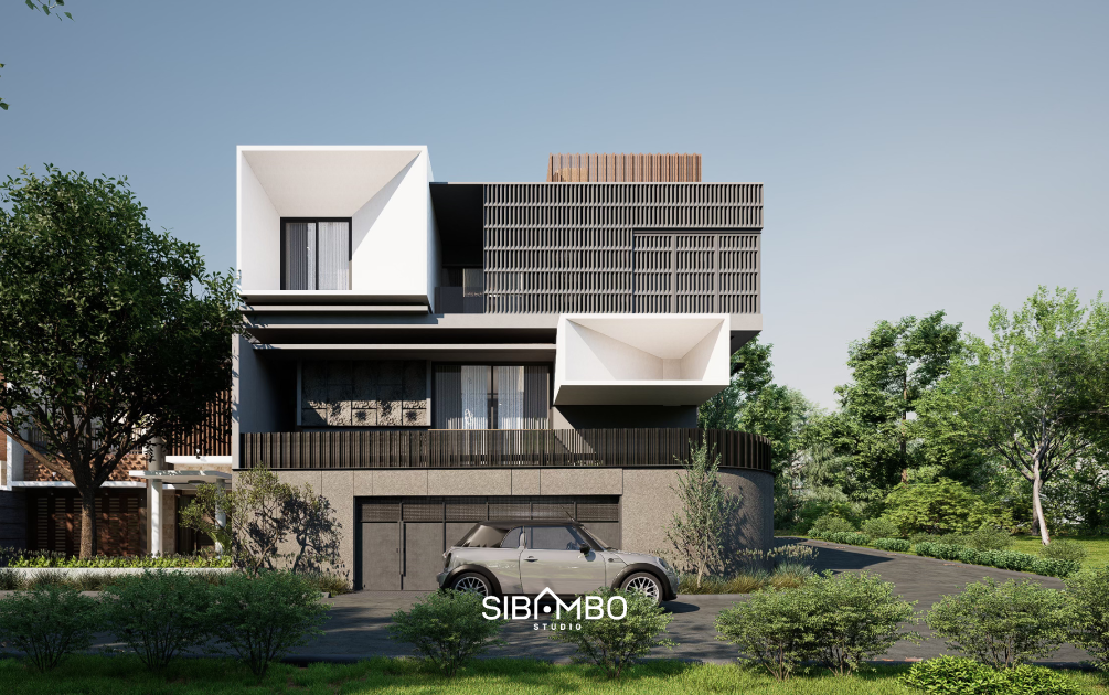 Tampak depan The Tranquil House dengan massa boxy dan sun shading vertikal pada rumah modern Bandung