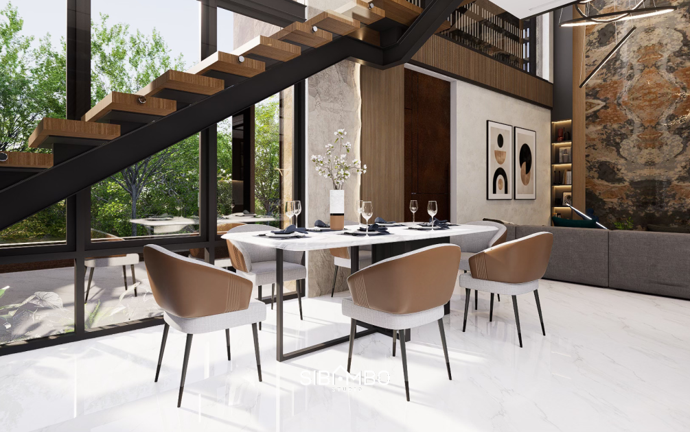 Ruang makan The Tranquil House dengan tangga kayu dan bukaan kaca lebar pada rumah modern kontemporer Bandung