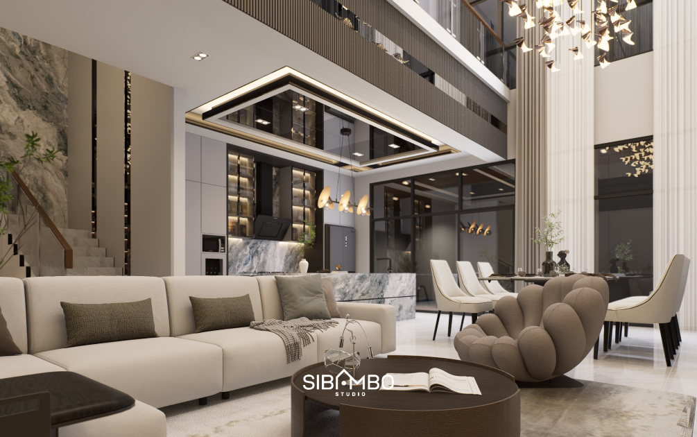 Ruang keluarga Lucentra House dengan void tinggi dan backdrop granit pada rumah modern futuristik Tangerang