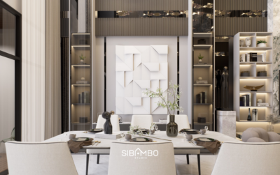 Ruang makan Lucentra House dengan panel dekoratif dan rak built-in pada rumah modern futuristik Tangerang