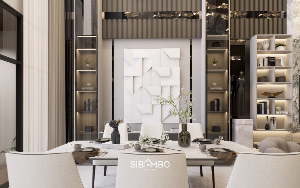 Ruang makan Lucentra House dengan panel dekoratif dan rak built-in pada rumah modern futuristik Tangerang