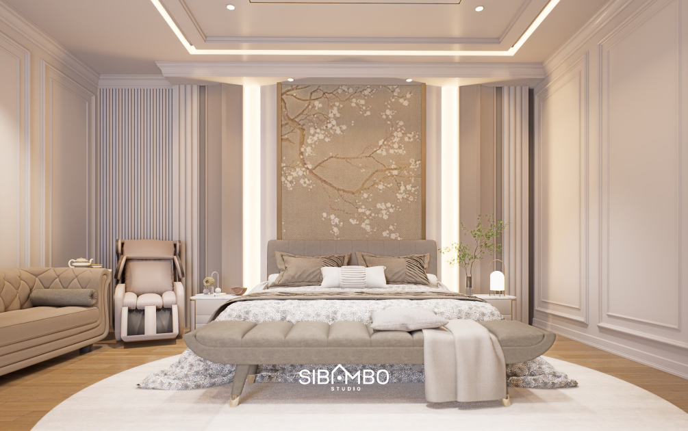Kamar tidur utama Cura House yang lega dan elegan pada rumah modern klasik di Blitar