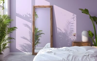 Ilustrasi warna cat kamar tidur, ungu dan putih.