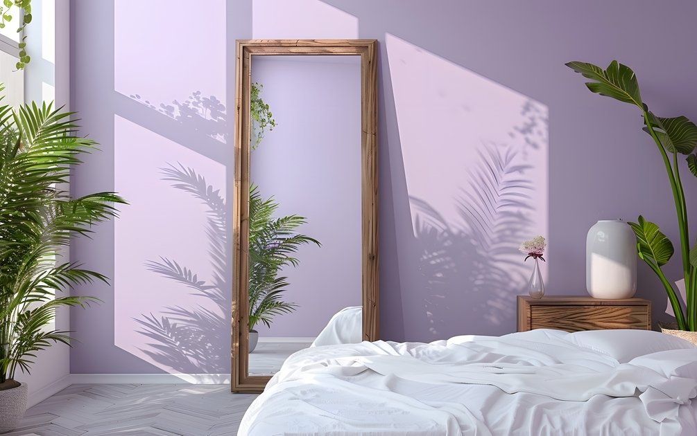 Ilustrasi warna cat kamar tidur, ungu dan putih.