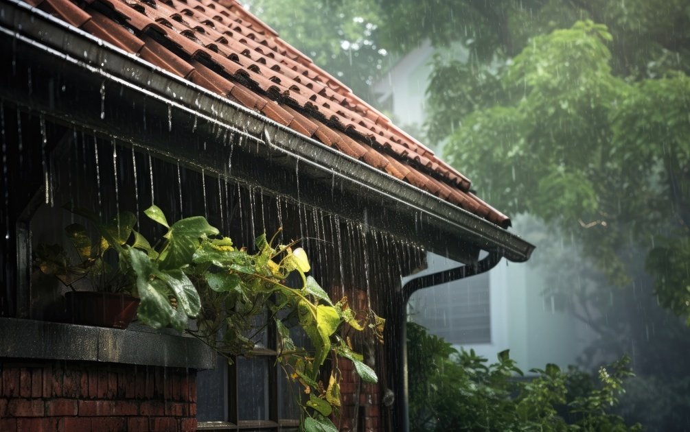 Atap rumah dengan talang air saat hujan deras, ilustrasi pentingnya tips merawat rumah saat musim hujan untuk mencegah kebocoran