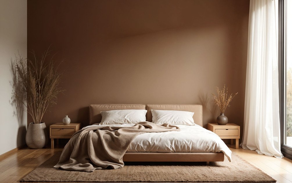Ilustrasi warna cat kamar tidur, coklat tua dan krem.