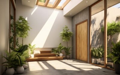Taman di rumah berukuran kecil dengan skylight, tanaman dalam pot, dan penataan hardscape kayu yang minimalis