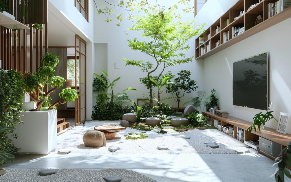 Taman di rumah bergaya inner courtyard tropis dengan pohon peneduh, batu alam, dan integrasi ke ruang keluarga