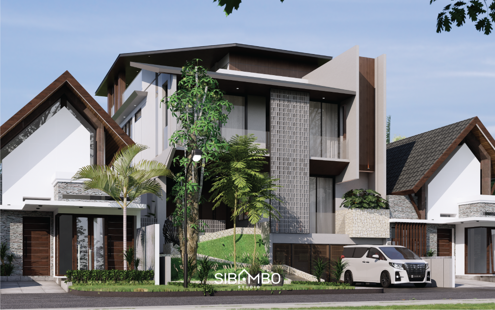 Fasad depan Villa Giri Arunika dengan aksen kayu dan batu alam pada desain villa tropical modern Bogor