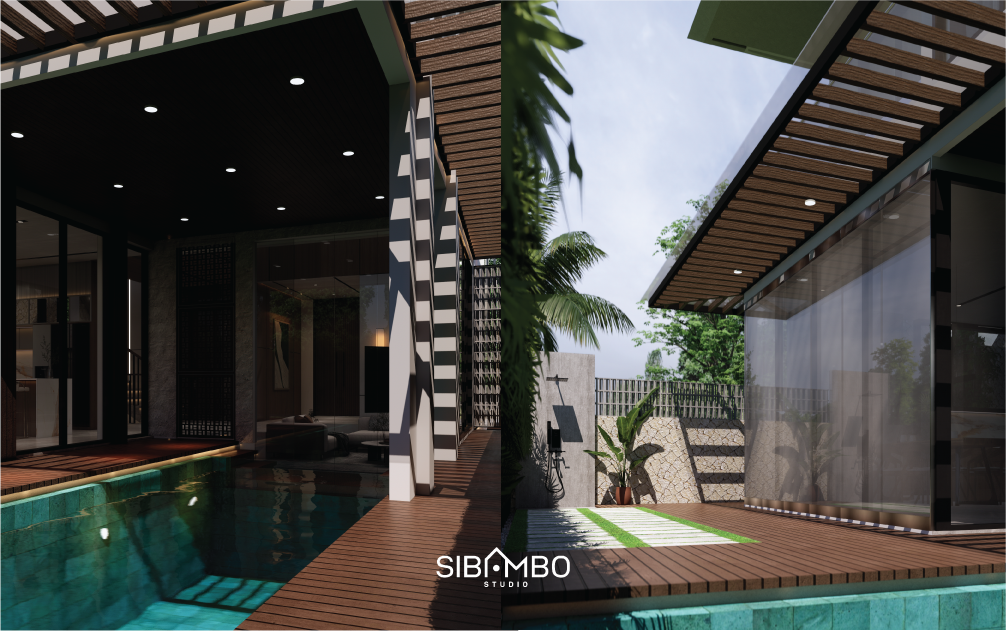 Area kolam renang Villa Giri Arunika dengan decking kayu dan taman pada desain villa tropical modern Bogor