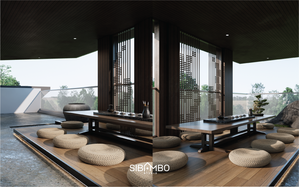 Rooftop Vila Giri Arunika dengan area duduk tatami dan partisi kayu pada desain villa tropical modern Bogor