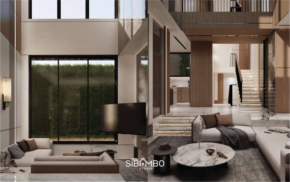 Ruang keluarga Villa Giri Arunika dengan void tinggi dan taman vertikal pada desain villa tropical modern Bogor