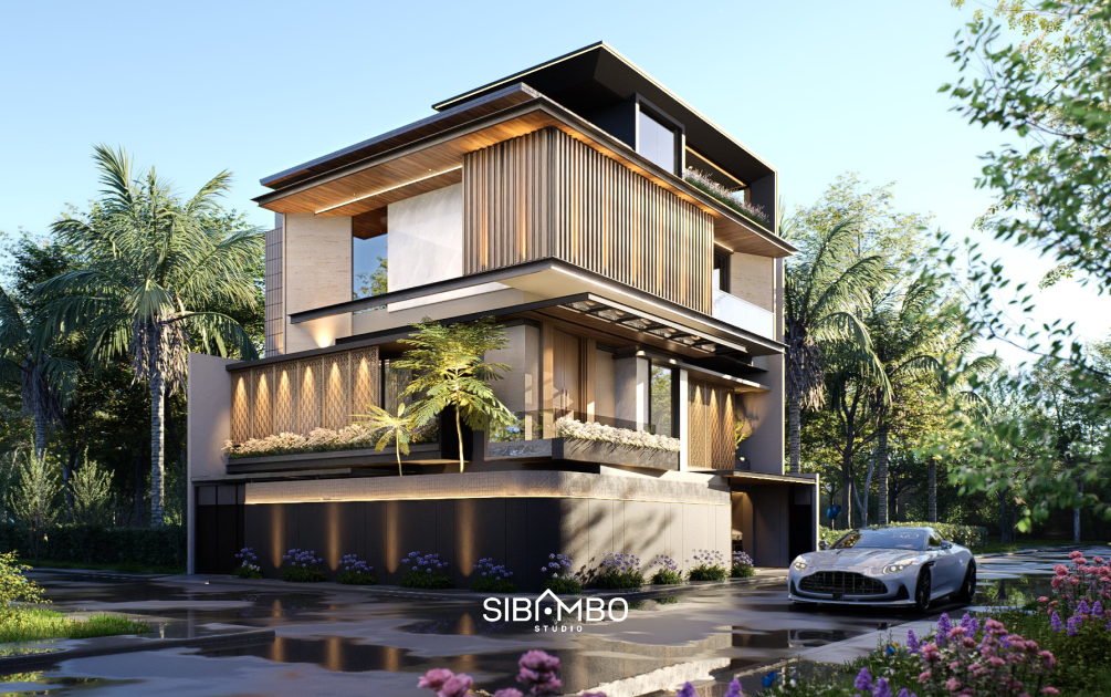 Zephyria House, rumah modern tiga lantai dengan fasad box geometris dan secondary skin kayu di Jakarta Barat