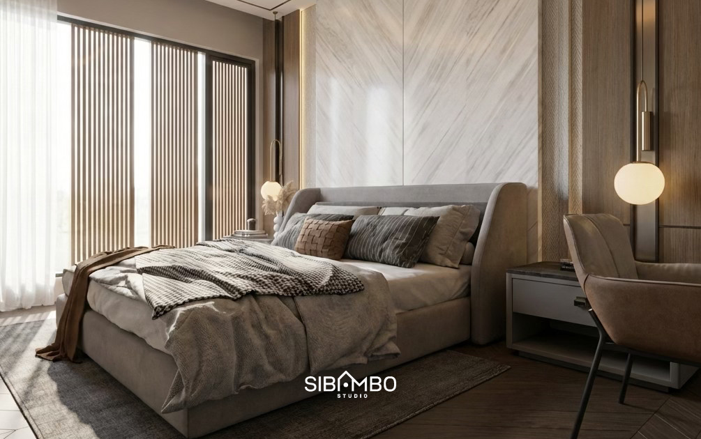 Kamar tidur utama Bumi Sampur Daria dengan headboard marmer dan aksen kayu bernuansa hangat