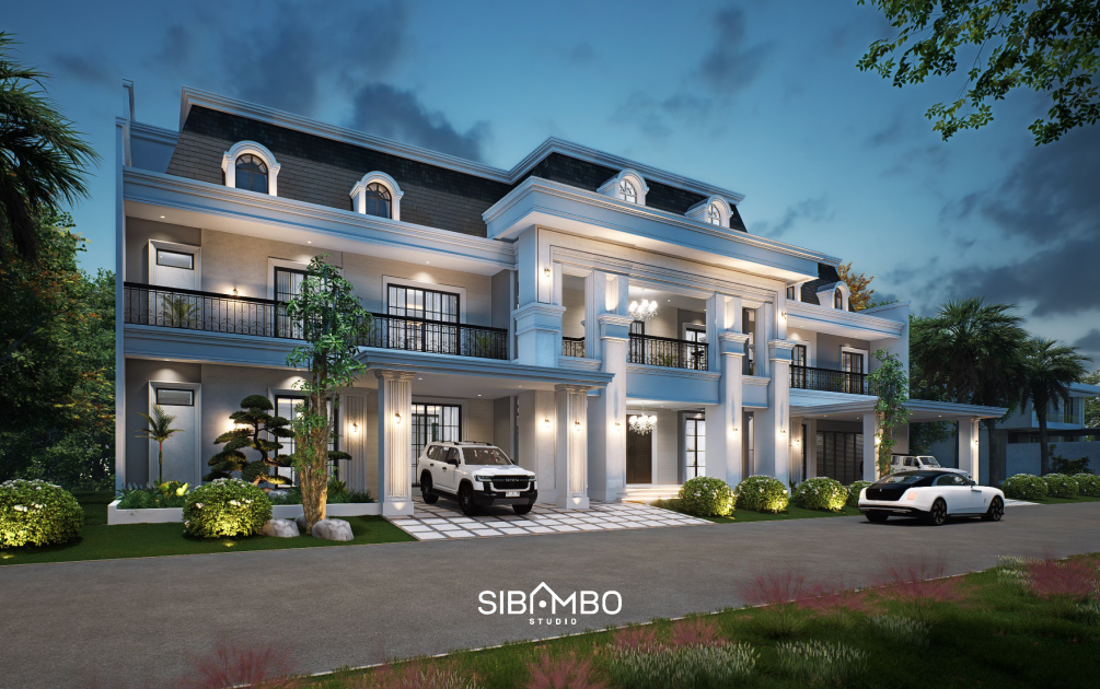 Fasad Harmonie Residence pada malam hari dengan pencahayaan hangat pada rumah klasik tiga lantai Tangerang