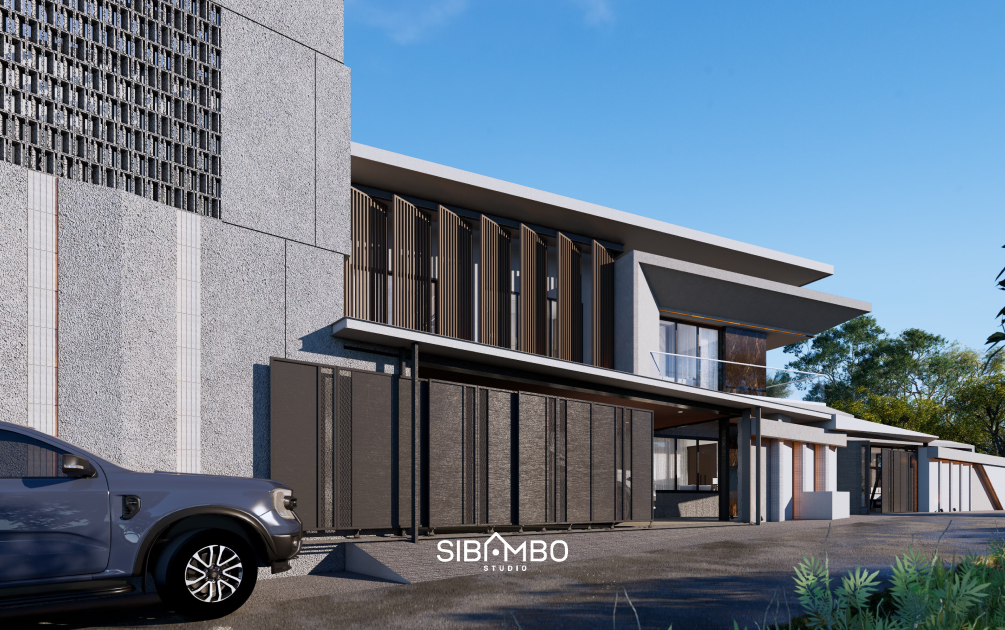 Fasad samping VA Residence dengan secondary skin dan bukaan massif hasil renovasi di Banten